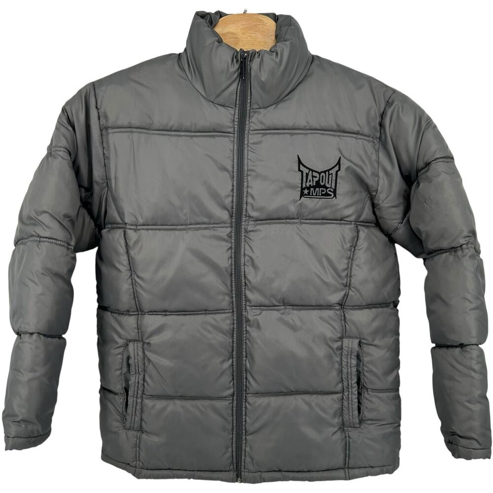 Vintage y2k Men's Grey Embroidered Tapout MPS MMA Puffer Winter Jacket Size M